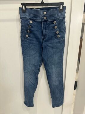 Express Navy Blue High-Rise Ankle Jeans with Decorative Silver Buttons